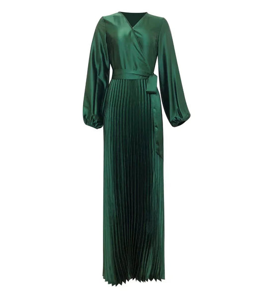 AYLA PLEATED SATIN GOWN - EMERALD