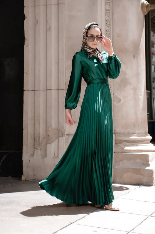 AYLA PLEATED SATIN GOWN - EMERALD